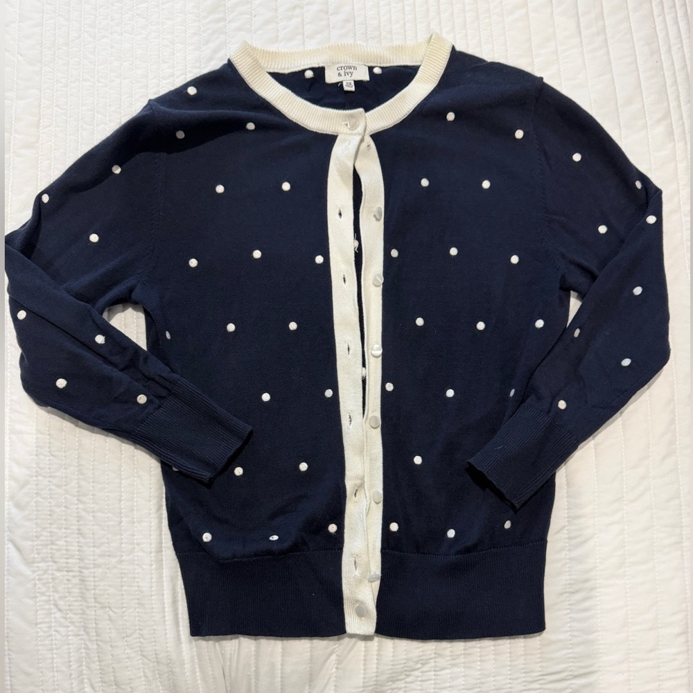 Crown & Ivy Navy Polka Dot Button-Front Sweater Cardigan - XS